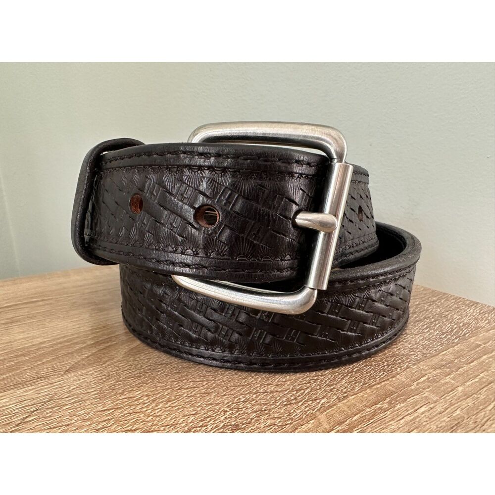 Black Leather Western Belt Tooled Basket Weave Christian Crosses Size 44